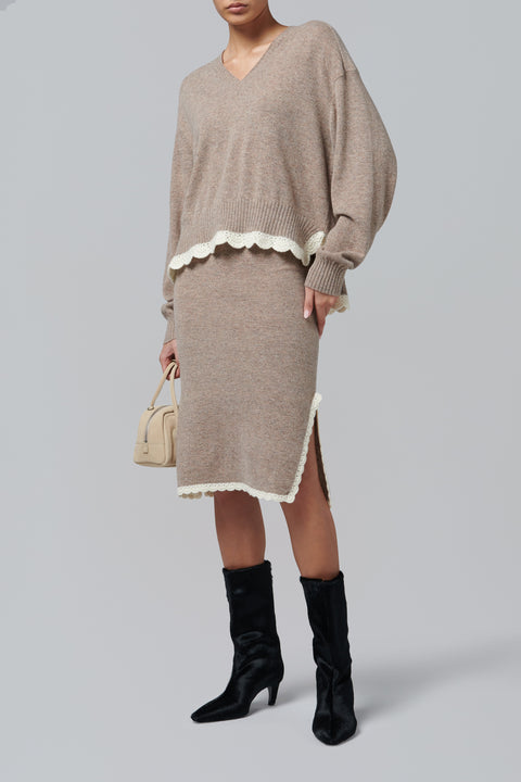 Beige Como Crochet V-Neck Sweater