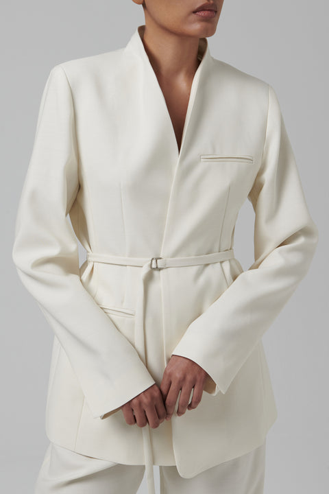 White Wool Silk Collarless Belted Jacket