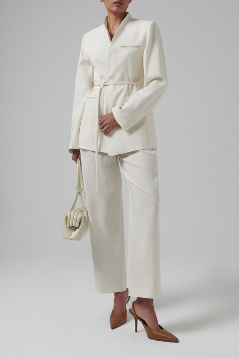 White Wool Silk Collarless Belted Jacket