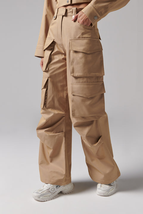 Beige Wide-Leg High-Rise Cargo Pants