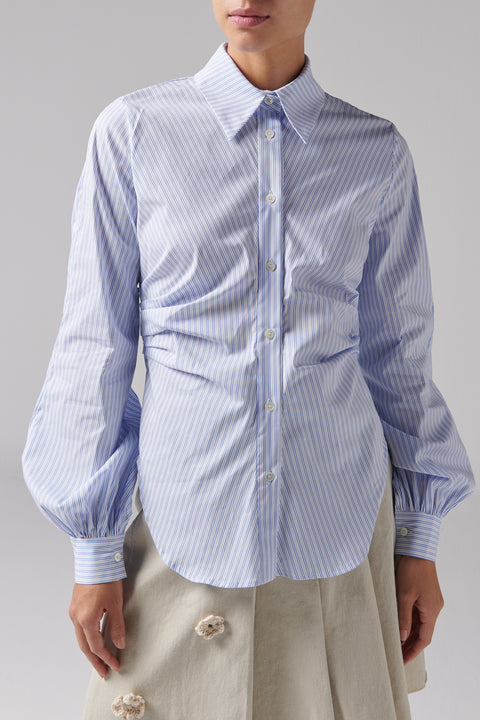 Blue Striped Tucked Sleeve Shirt