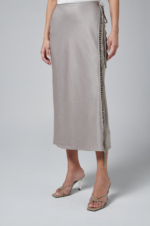 Beige Sarong Fringe Midi Skirt