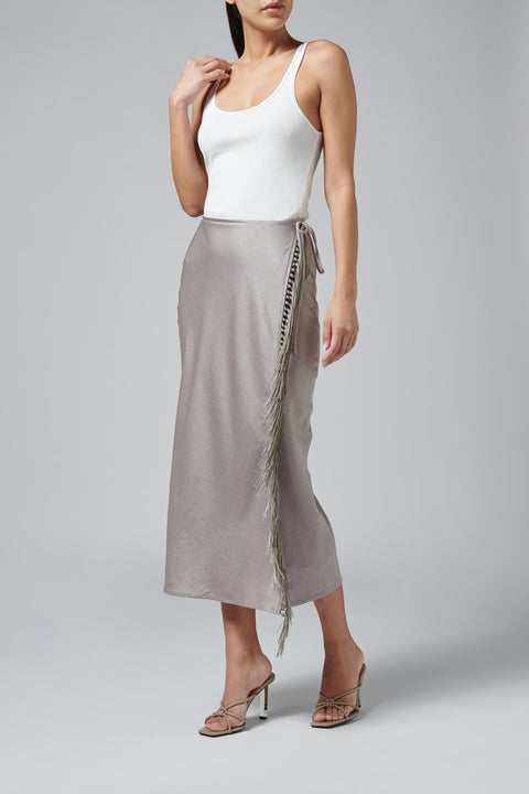 Beige Sarong Fringe Midi Skirt