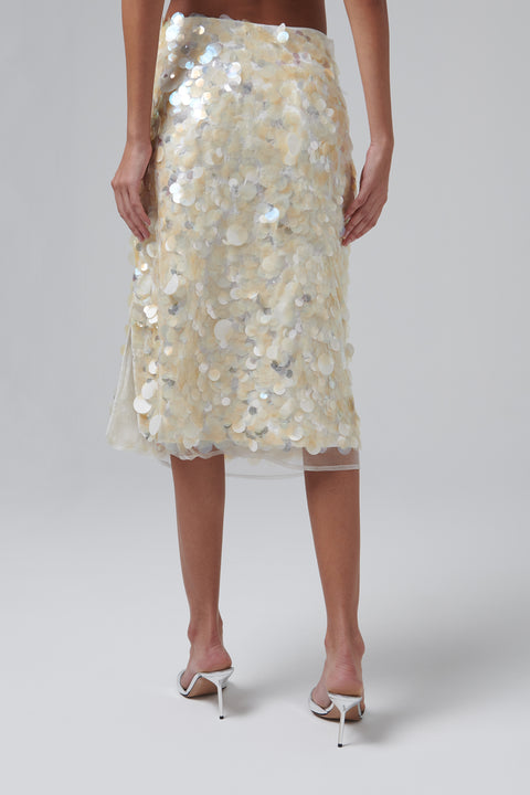 Beige Embellished Handmade Midi Skirt