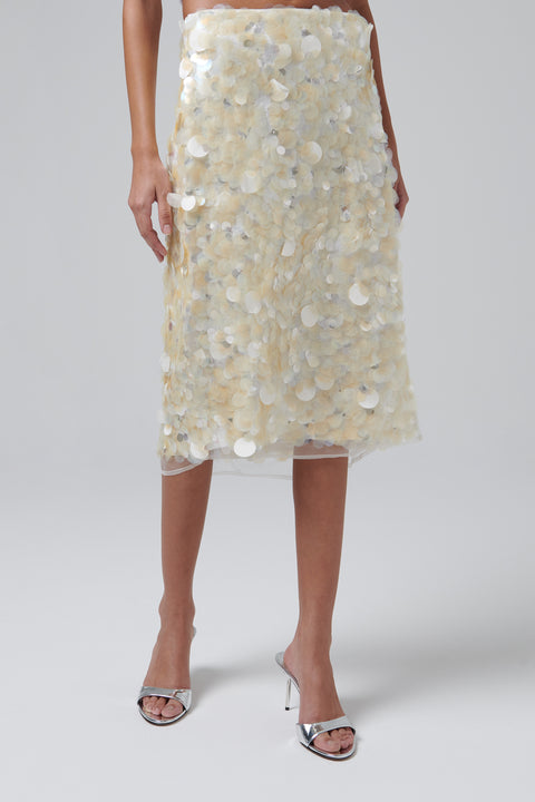 Beige Embellished Handmade Midi Skirt