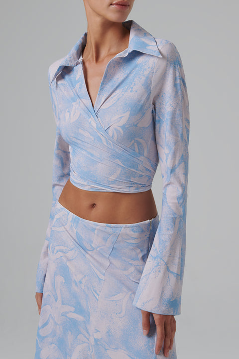 Blue Flared Sleeve Wrapped Shirt