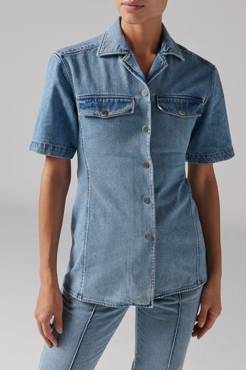 Blue Open-Collar Denim Shirt