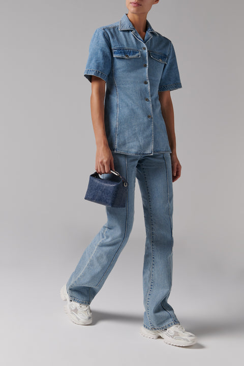 Blue Open-Collar Denim Shirt