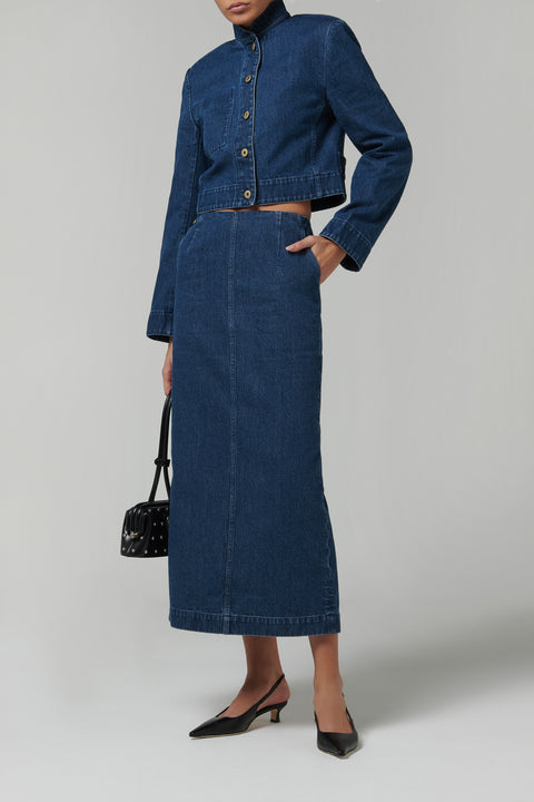 Blue Column Maxi Denim Skirt