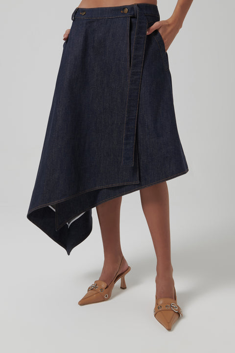 Blue Asymmetrical Wrap Denim Skirt