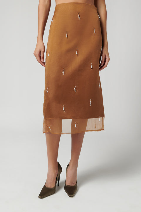 Brown Pearl Embellished Organza Skirt