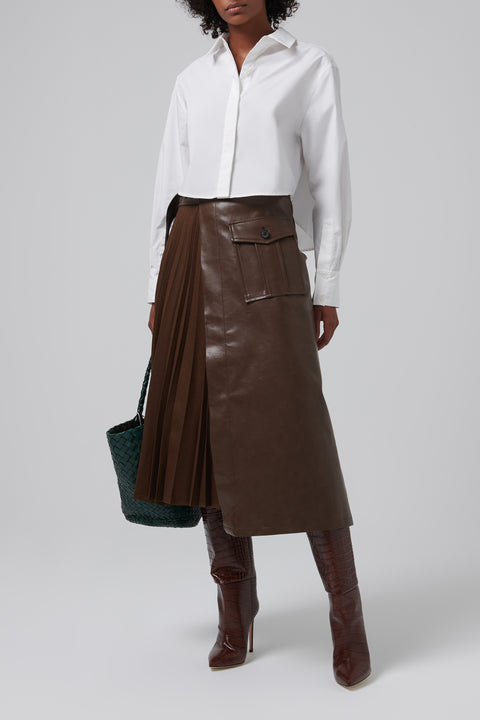 Brown Contrast Pleats Faux Leather Midi Skirt
