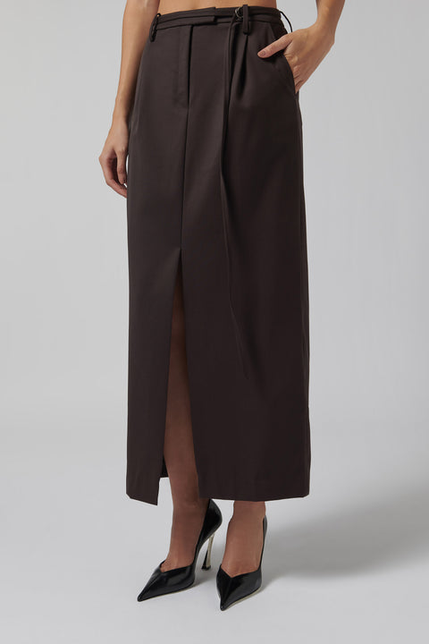 Brown Wool Slit Belted Skirt