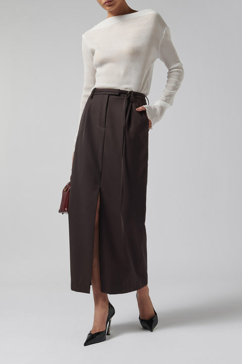 Brown Wool Slit Belted Skirt