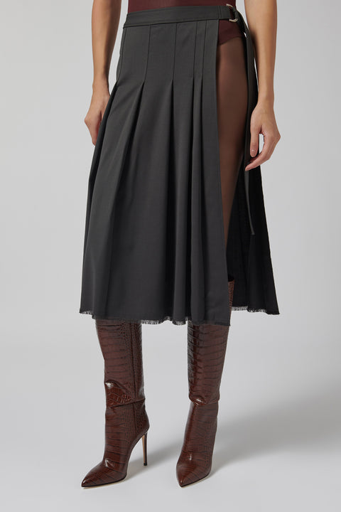 Grey Wool Pleat Layered Skirt