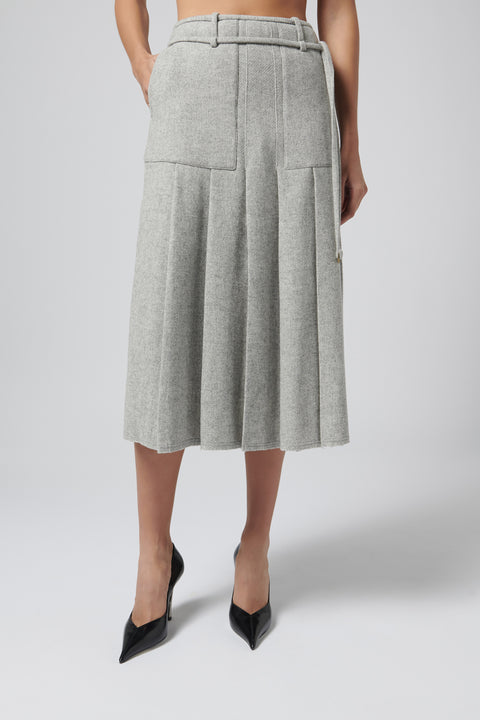 Grey Belt Kilt Wool Midi Skirt