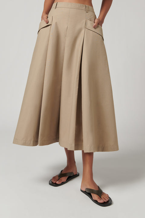 Khaki Box Pleats Pocket Skirt