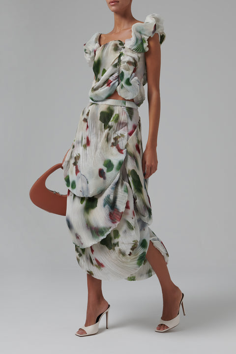 Multicoloured Rose Print Pleated Midi Skirt