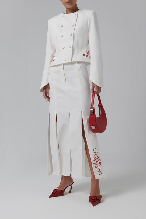 White Pleated Embroidery Skirt