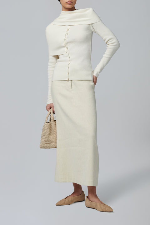White Wool Blend Column Skirt