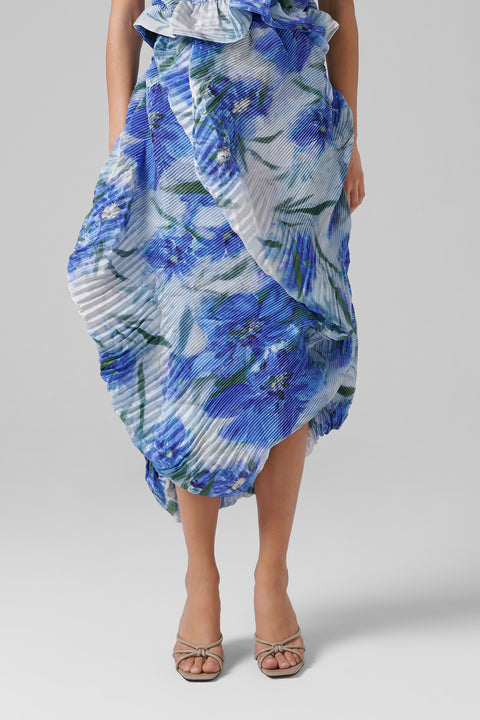 Blue Print Seashell Pleated Midi Skirt