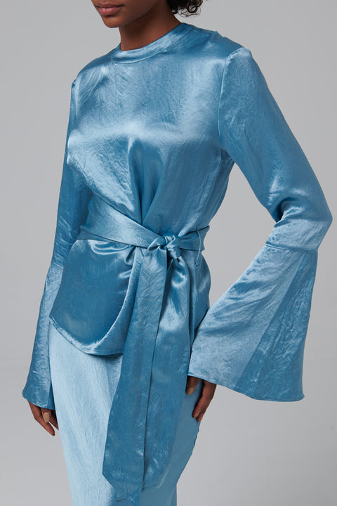 Blue Ilone Belt Detail Crew Neck Top