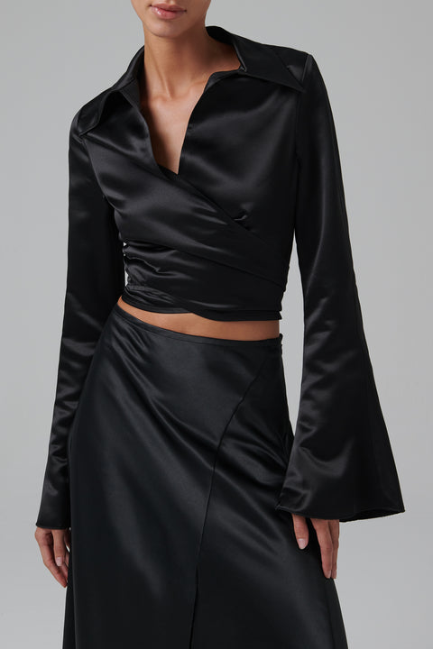 Black Flared Sleeve Wrapped Shirt