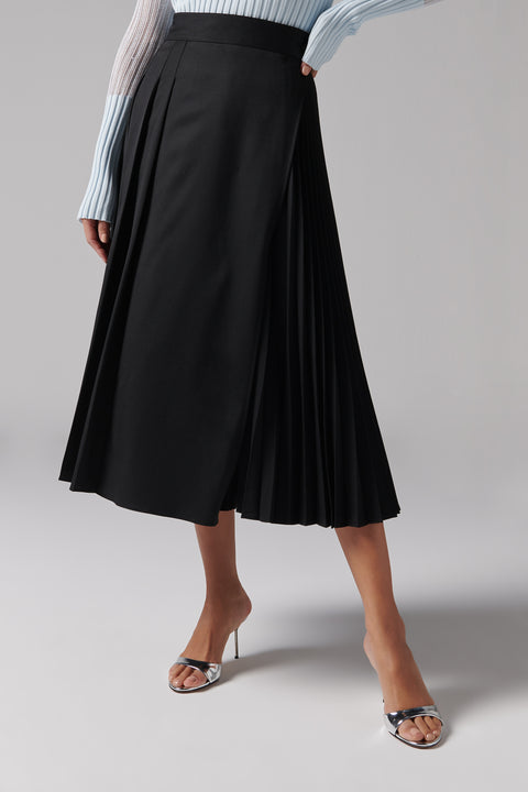 Black Pleated Wrap Midi Skirt