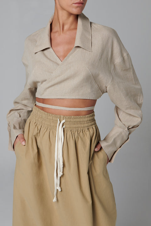Beige Cropped Wrap Shirt