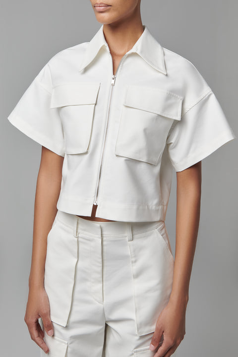 White Zip-Up Short-Sleeve Shirt