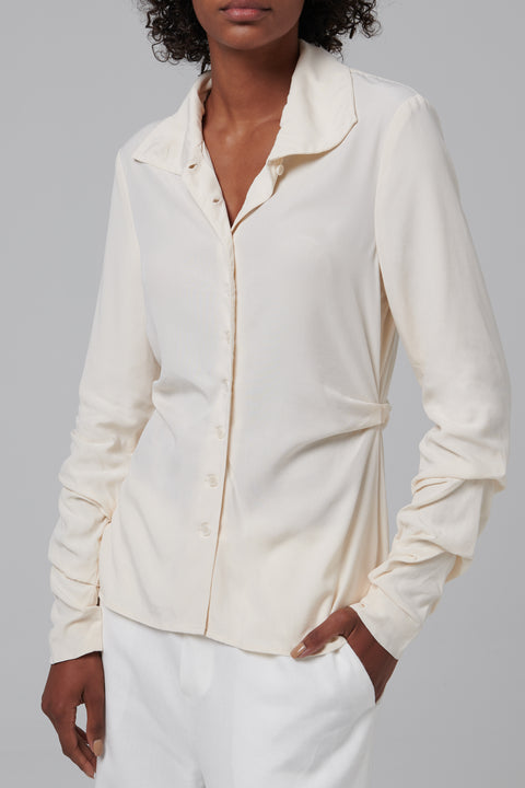 White Tucked High-Neck Blouse