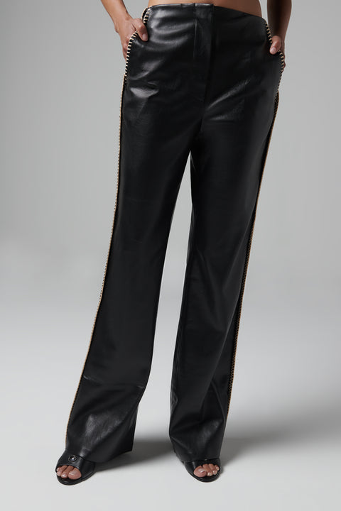 Black Raffia Stitch Faux Leather Pants