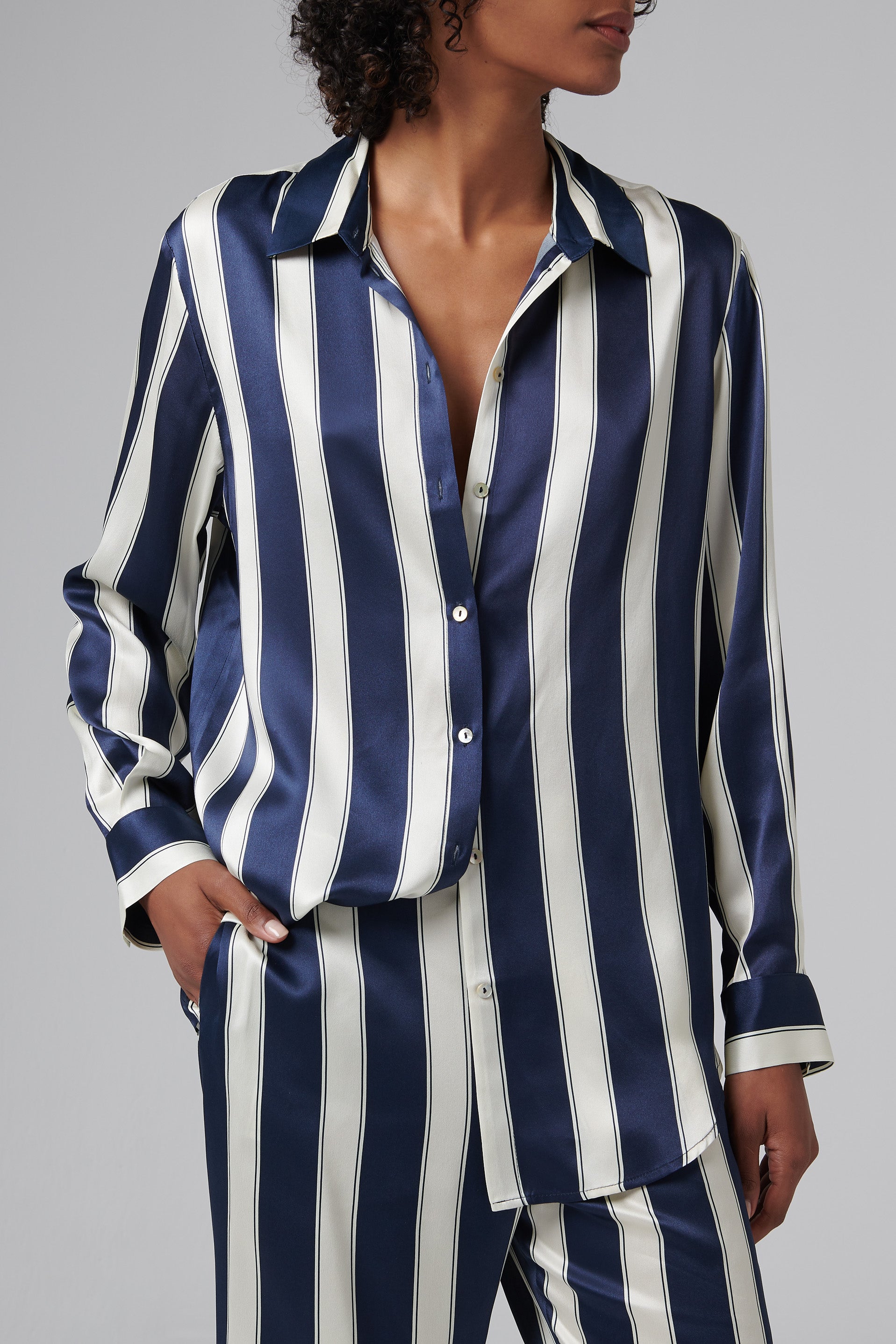 Asceno Blue Striped Silk PJ Top - Fabric of Society