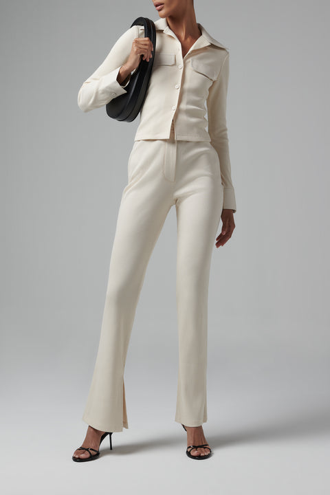 White Fitted Rib Jersey Pants