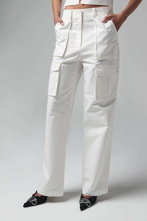 White Pocket Detailed Cotton Pants