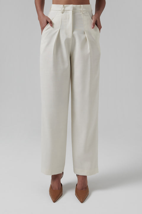 White Wool Silk Tucked Pants