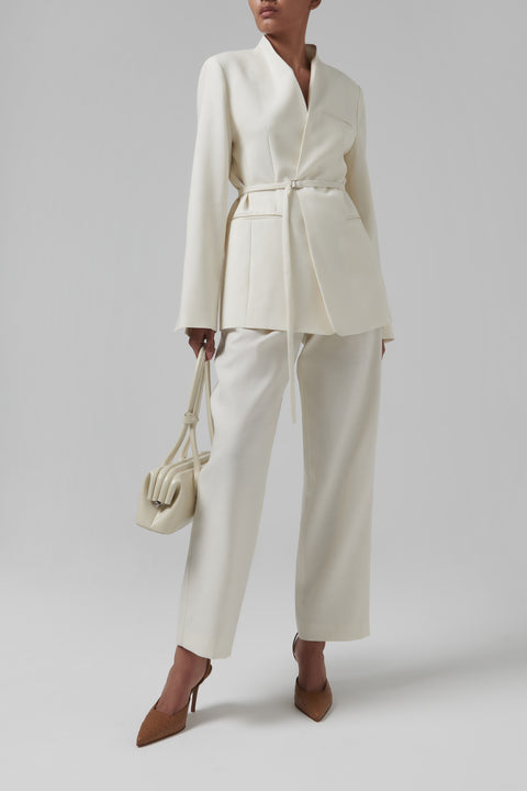 White Wool Silk Tucked Pants