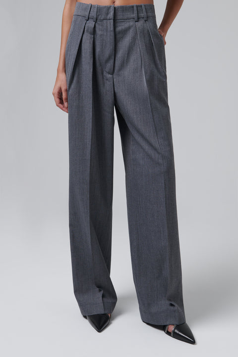 Grey Wide Leg Double Pleated Trousers