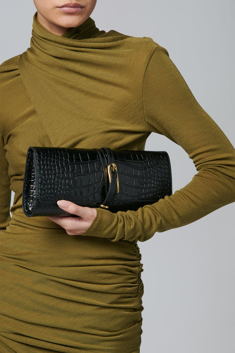 Black Croc Belted Clutch