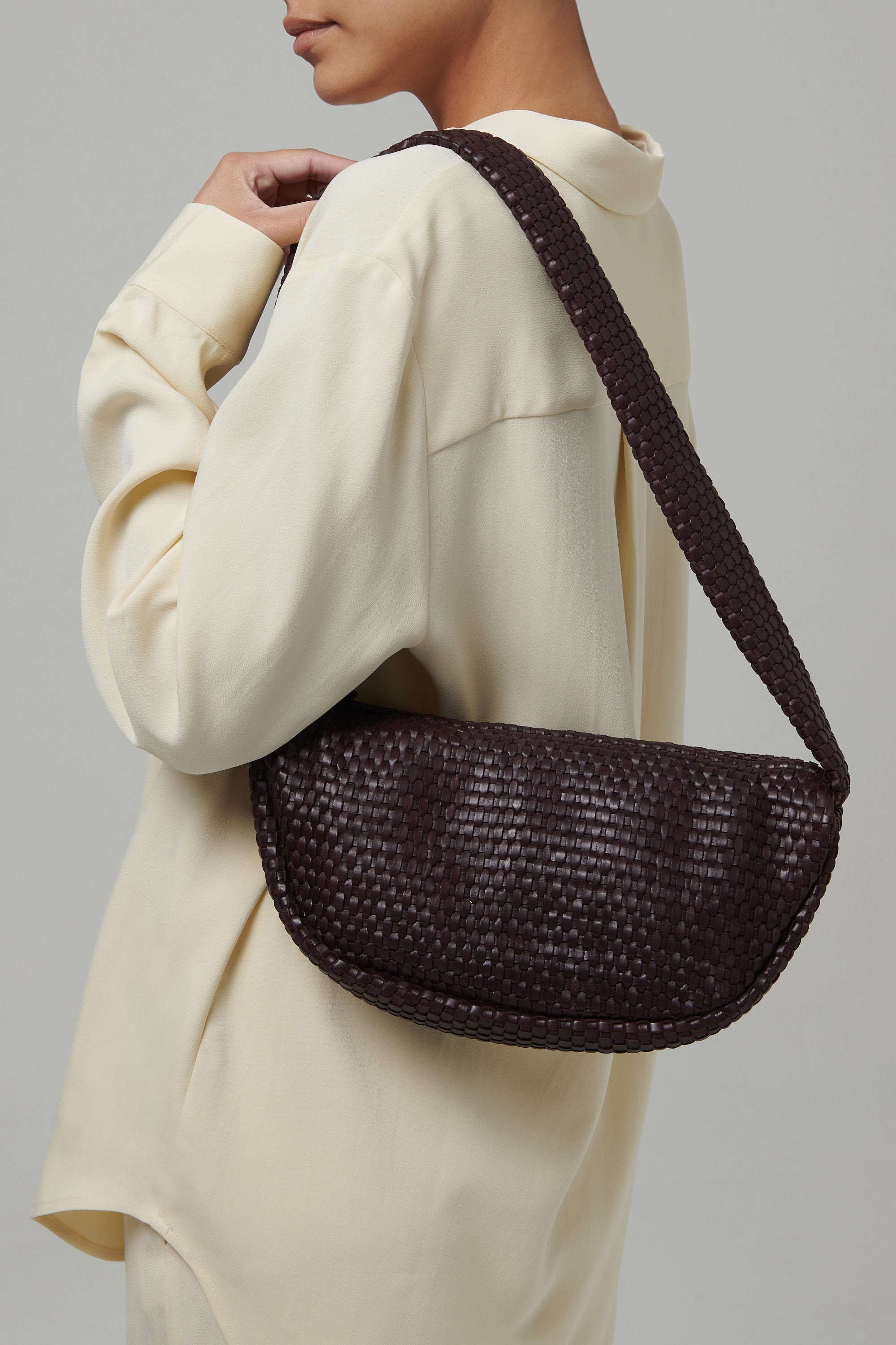 St. Agni Brown Lattice Weave Crescent Bag