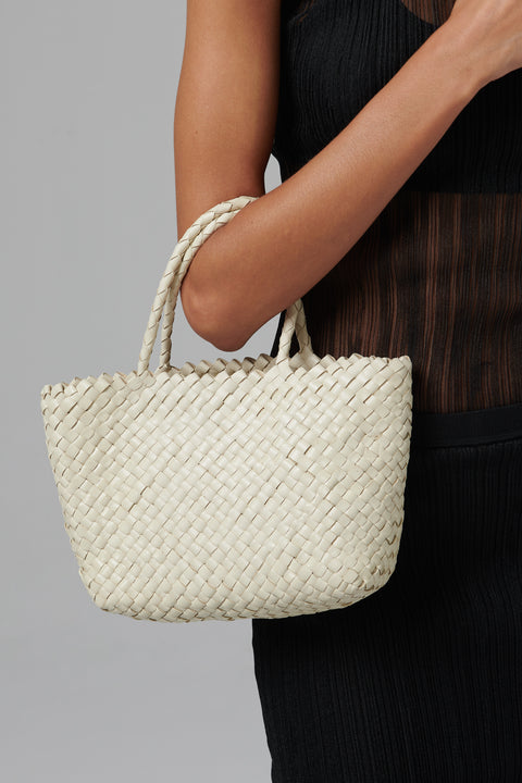 White Leather Mini Basket Tote