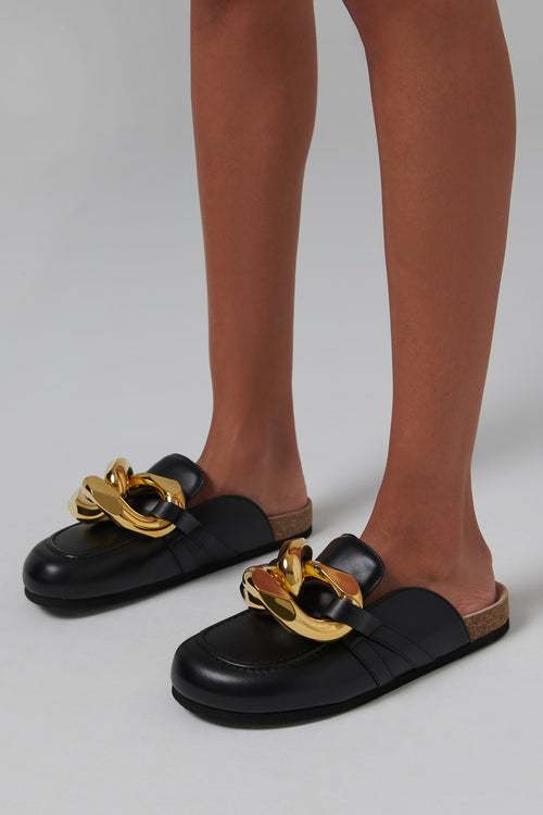 Black Chain Detail Leather Mules