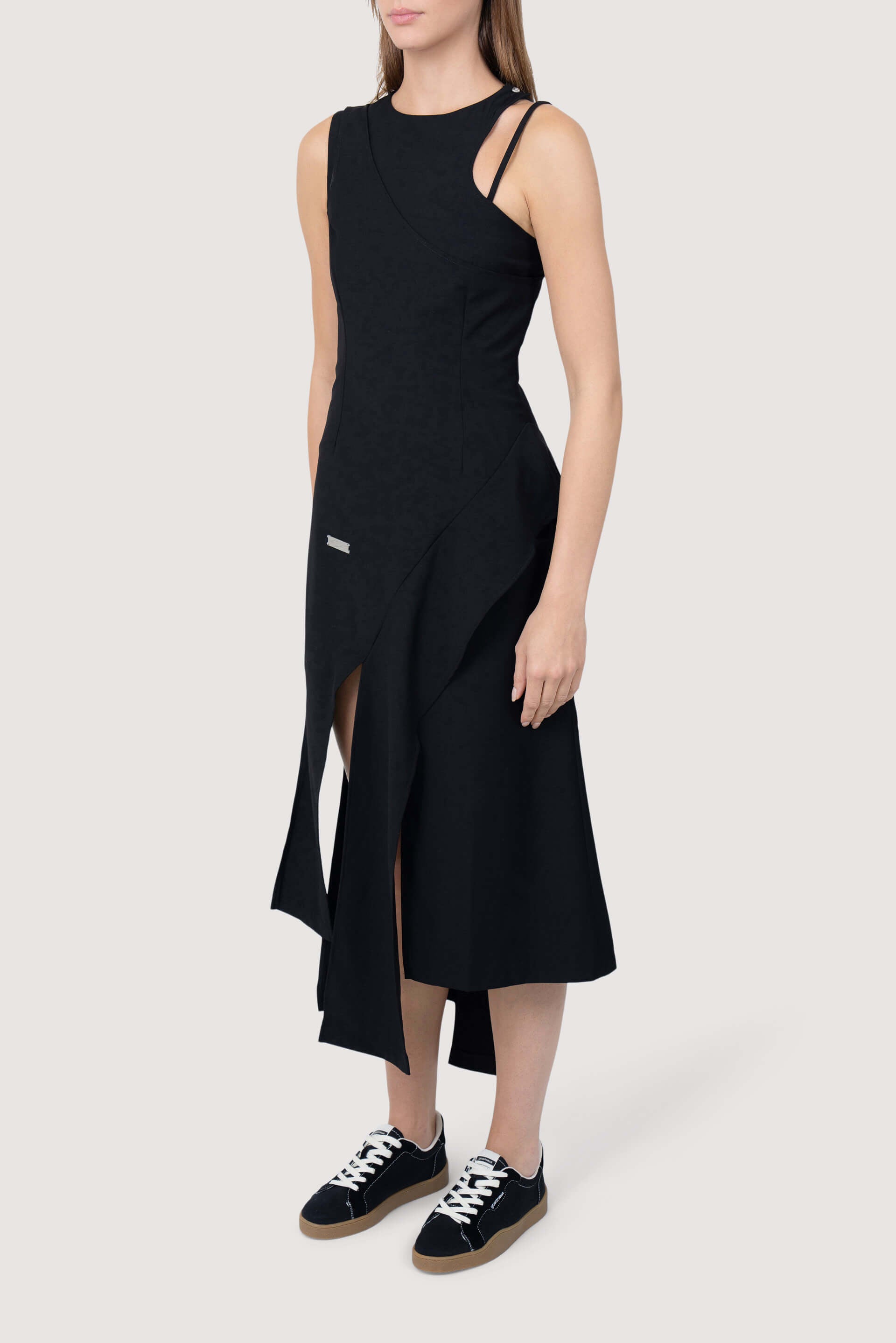 Black asymmetric hotsell strap midi dress