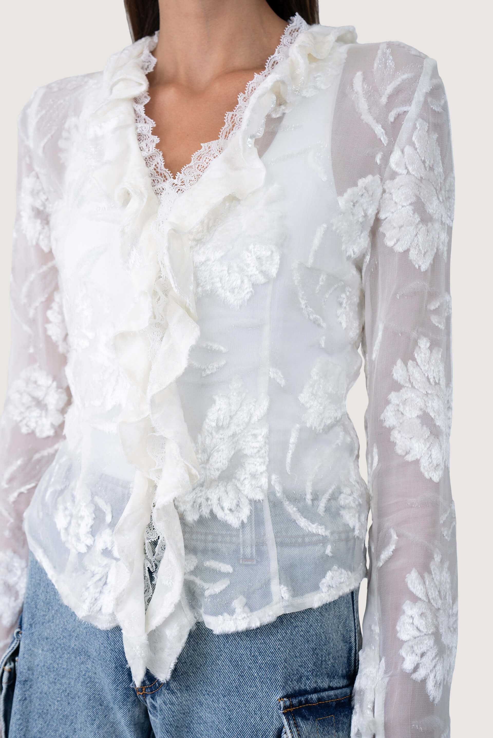 Coperni Ruffle Lace Sheer Floral Blouse
