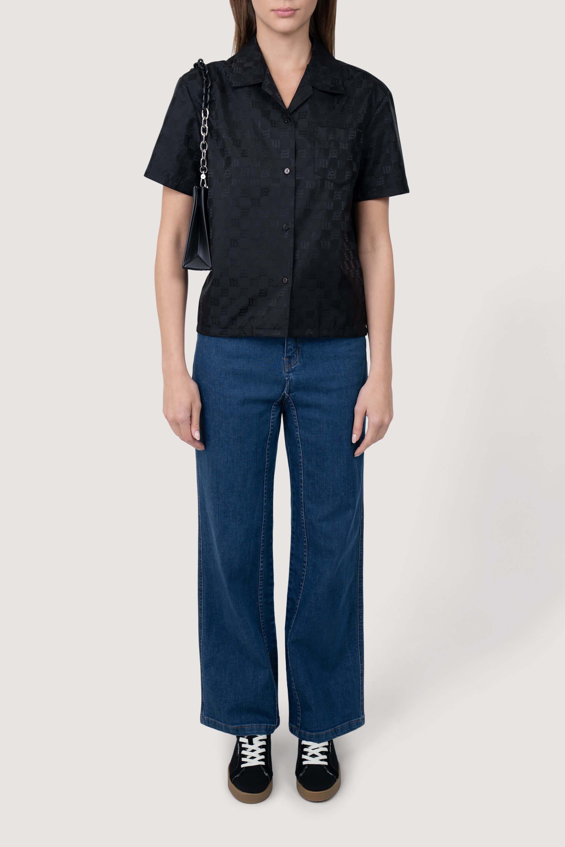 Monogram Short-Sleeved Denim Shirt - Luxury Black