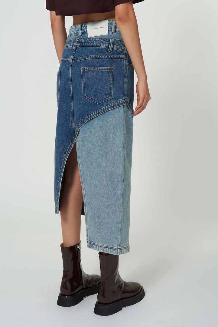 Double Waistband Denim Midi Skirt