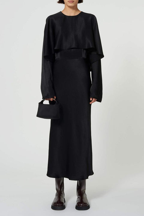 Cape Top Detail Draped Midi-Length Dress